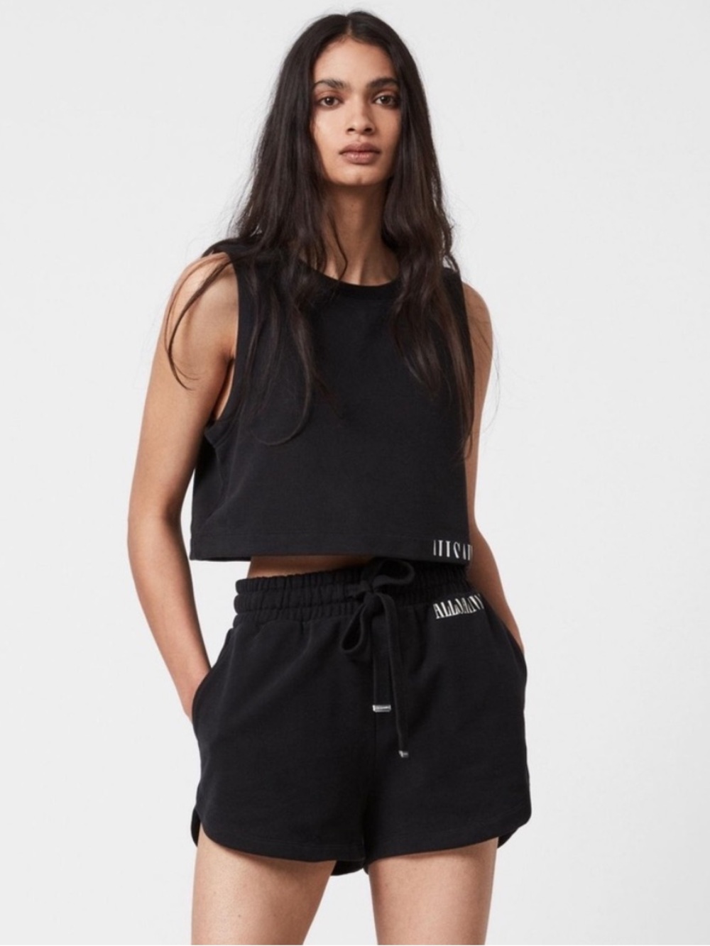 allsaints lila cropped sweat tank in black, size 2